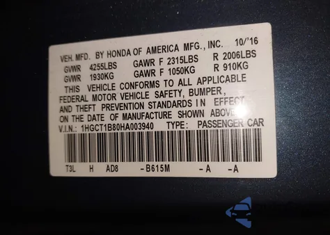 2017 Honda Accord Ex-L from USA, damaged, VIN 1HGCT1B80HA003940